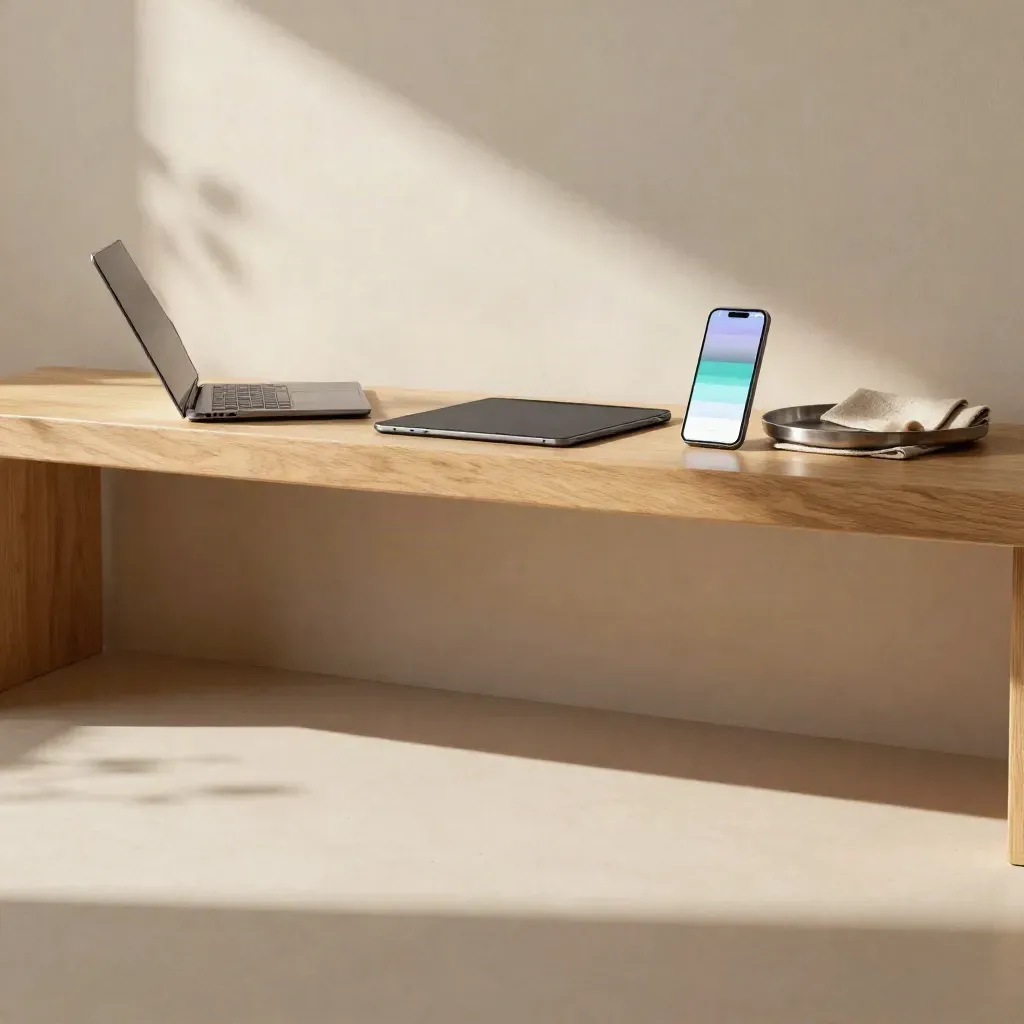 Sunlit plaster nook with oak bench, laptop and tablet on a calm neutral surface.