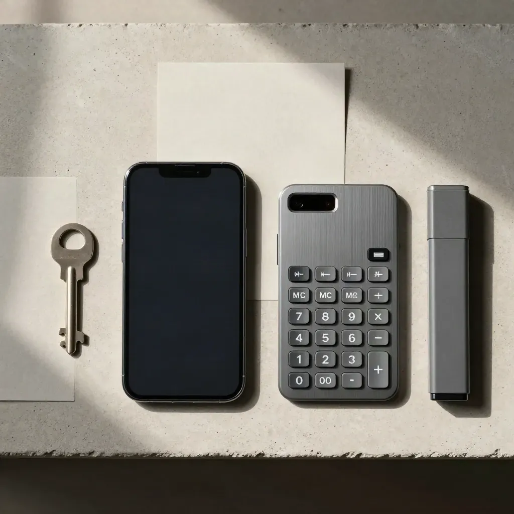 Overhead flatlay of a phone, slim tile and graphite block on pale concrete