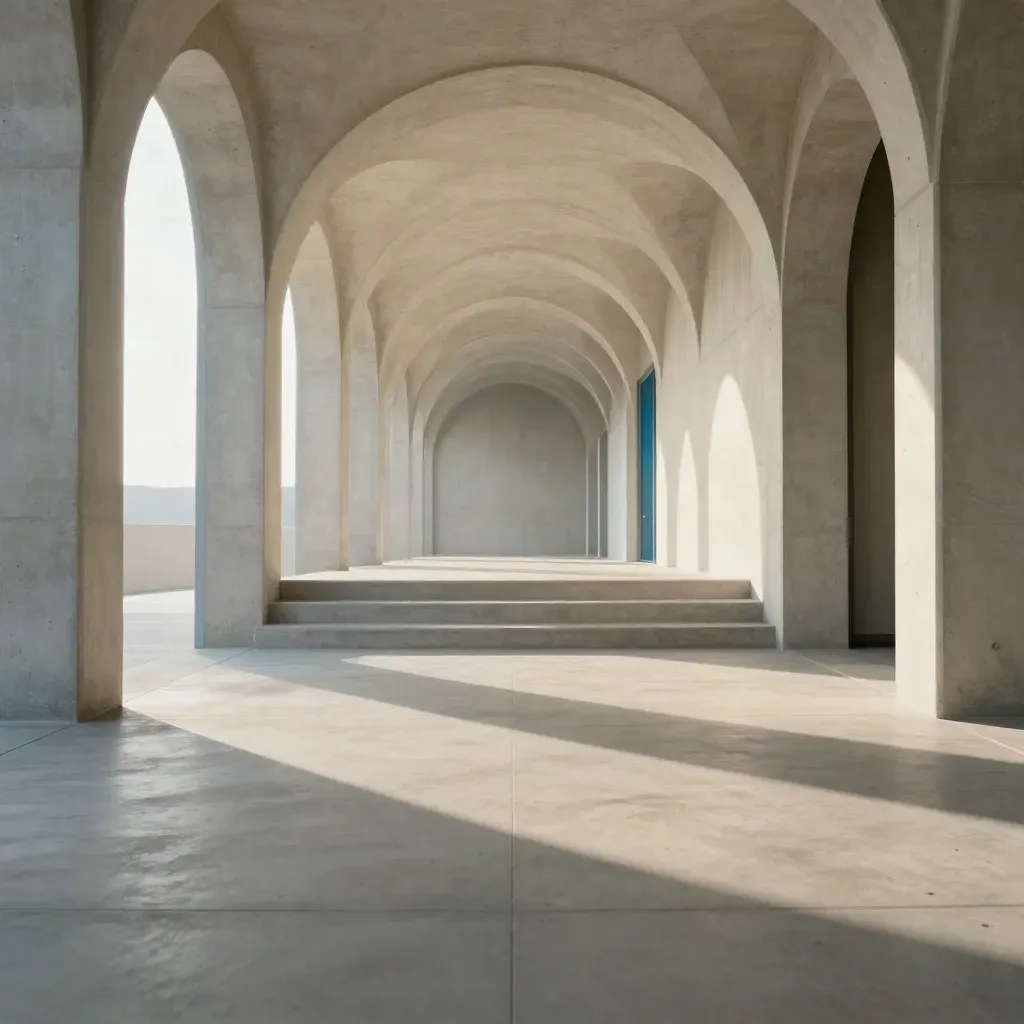 Sunlit concrete arcade with arches, pale steps, and calm lower space for copy