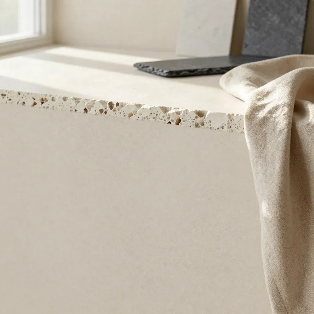 Cream stone surface with linen cloth and mineral wall, softly lit with calm copy space