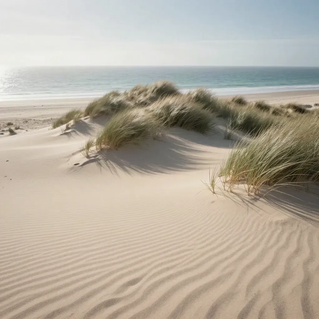 Wind-swept sandy dune with grass under a bright hazy horizon and calm open foreground.