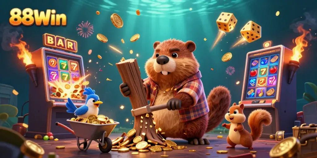 Experience thrilling gaming moments with 88Win's vibrant cartoon illustration of a beaver and friends collecting coins in a lively casino