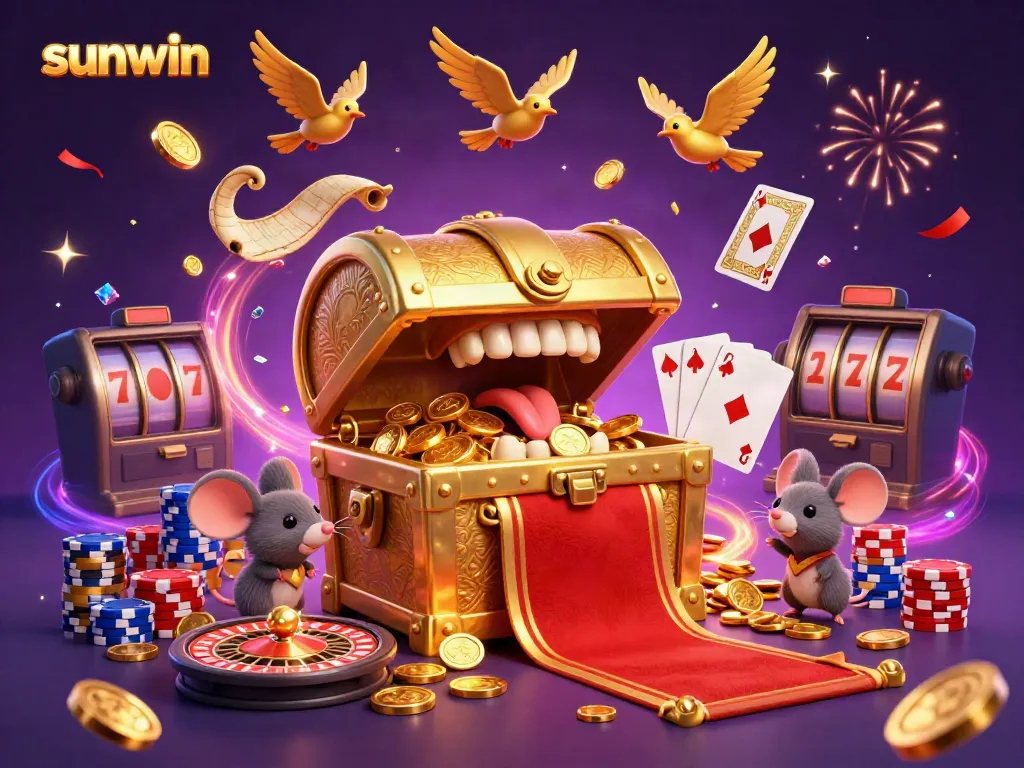 Engage with sunwin's dynamic casino treasures amidst golden coins, a vibrant roulette wheel, and winning cards.