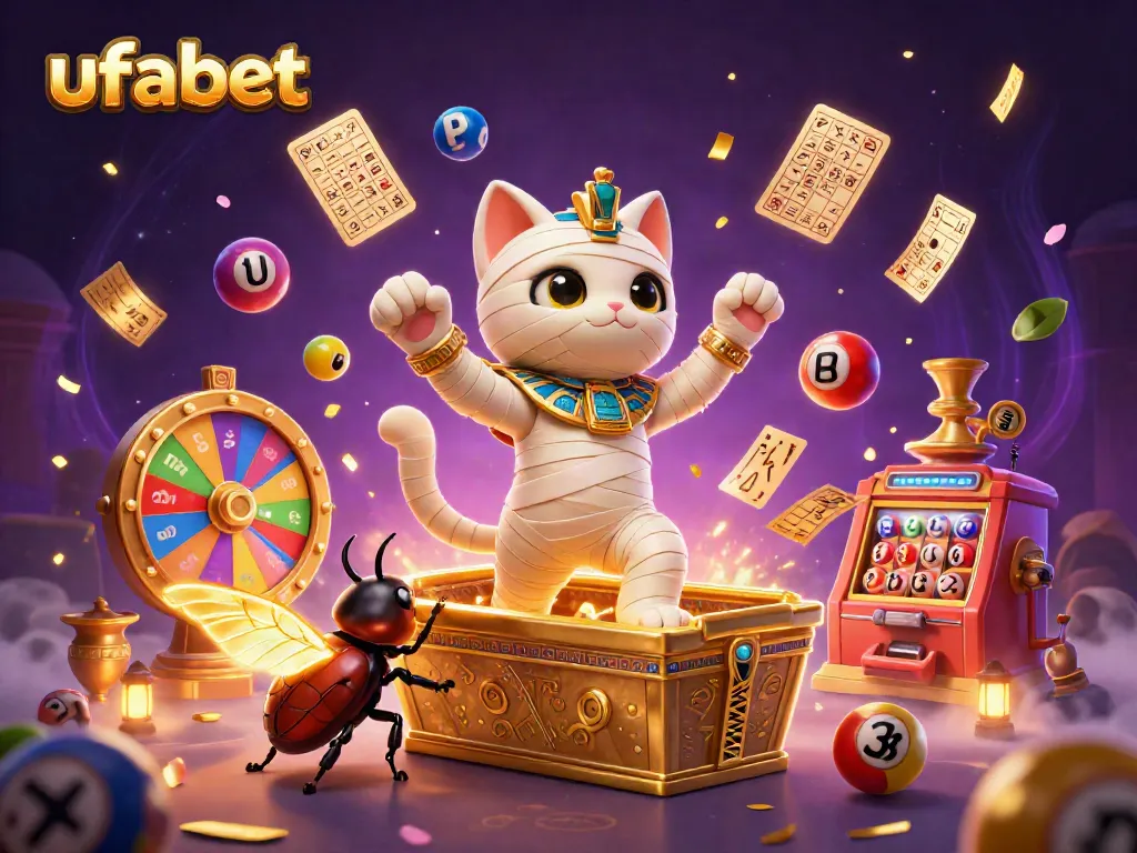 Experience thrilling ufabet action with the Egyptian mummy cat and lottery elements in a vibrant casino scene.