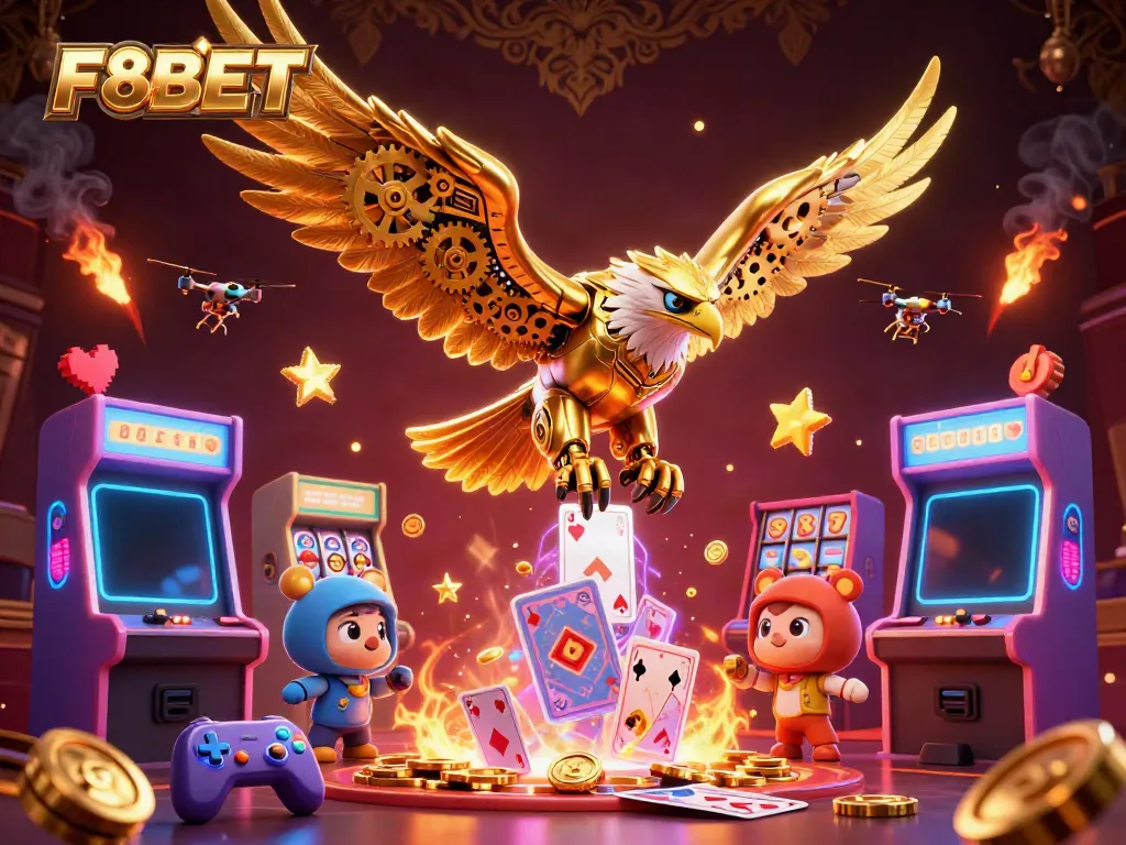 Experience thrilling gaming with F8BET featuring a cybernetic eagle surrounded by vibrant casino elements.
