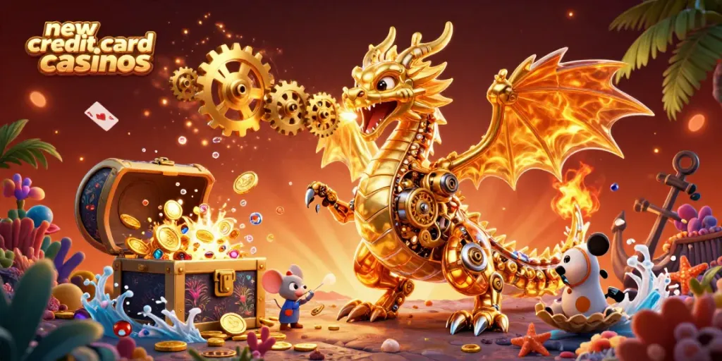 Experience the thrilling action of new credit card casinos with a golden dragon and engineer in a vibrant casino scene.