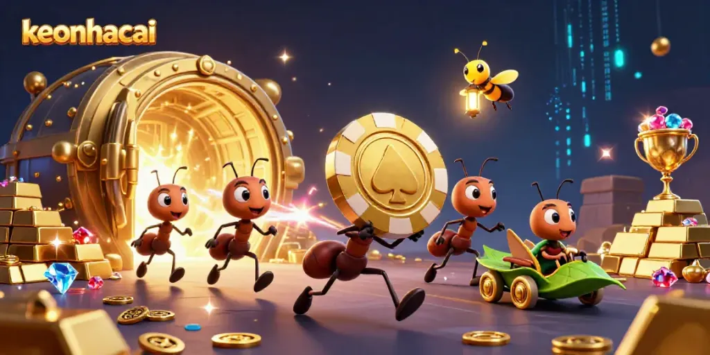 Engage with keonhacai's heist scene featuring playful ants, a firefly, and a grasshopper amidst gold and jewels.