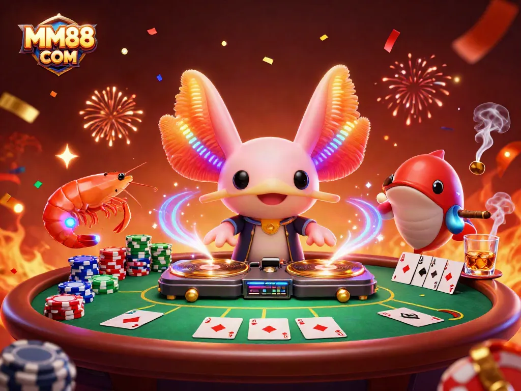 Experience the vibrant energy of MM88 COM with a colorful casino party illustration featuring poker elements.
