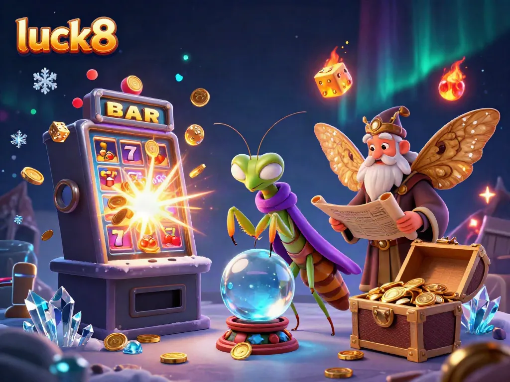 Engage in the luck8 universe with vibrant slot action and mystical fortune-telling in a colorful casino ambiance.