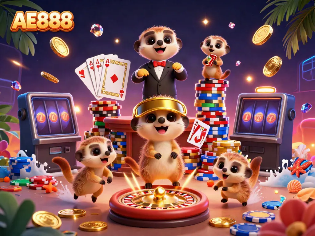 Experience the excitement of AE888 as meerkats manage a vibrant casino scene with dazzling games.