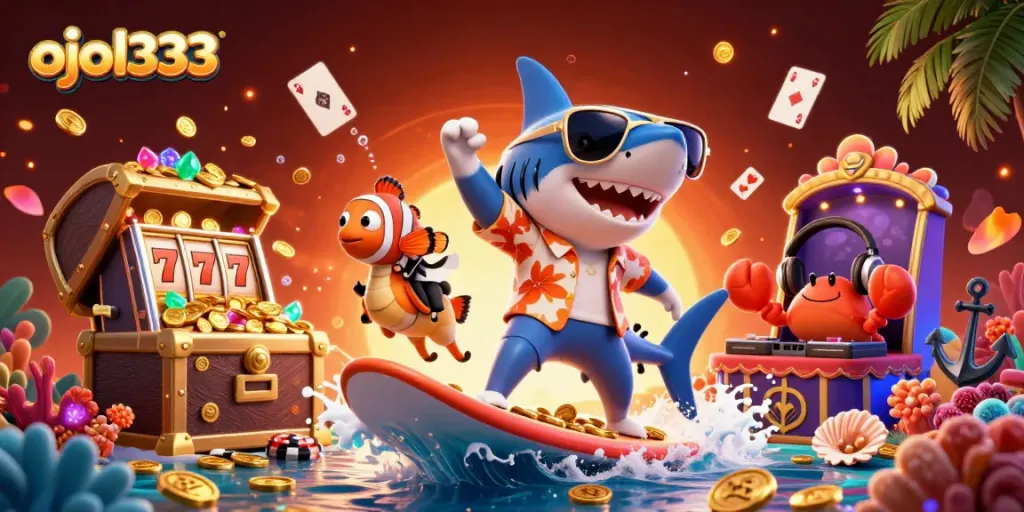 Engage with the excitement of ojol333 while the hammer-head shark surfs gold coins and experiences casino thrill.