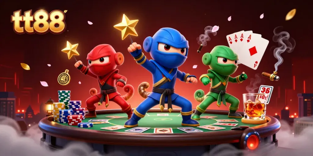 tt88 showcases ninja chameleons on a poker rooftop, surrounded by vibrant casino elements.