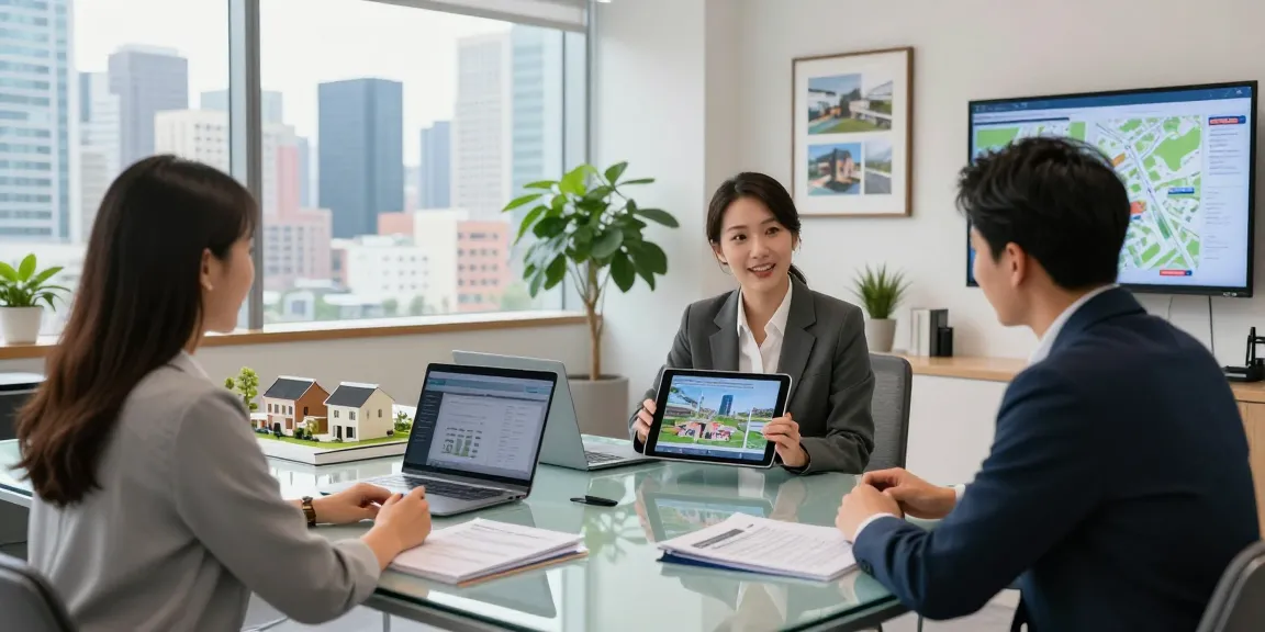 IDXSTAR real estate agent presenting properties to clients in a modern office setting