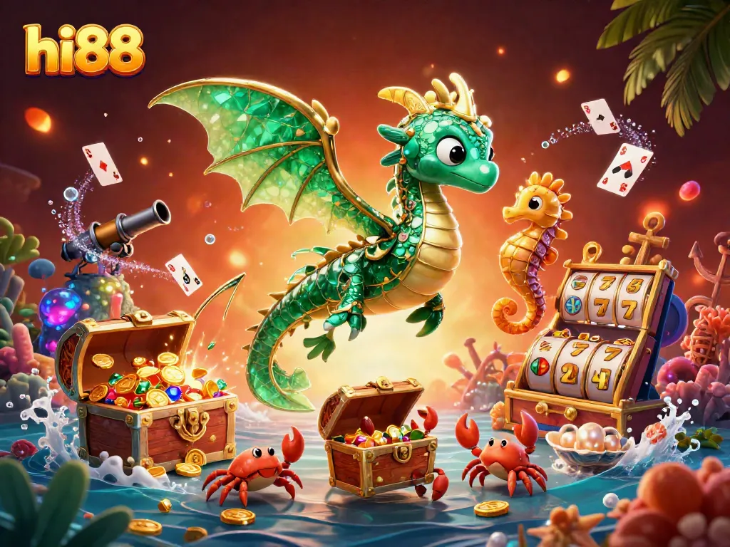 Experience the excitement of hi88 casino with vibrant 3D sea dragon themed illustration