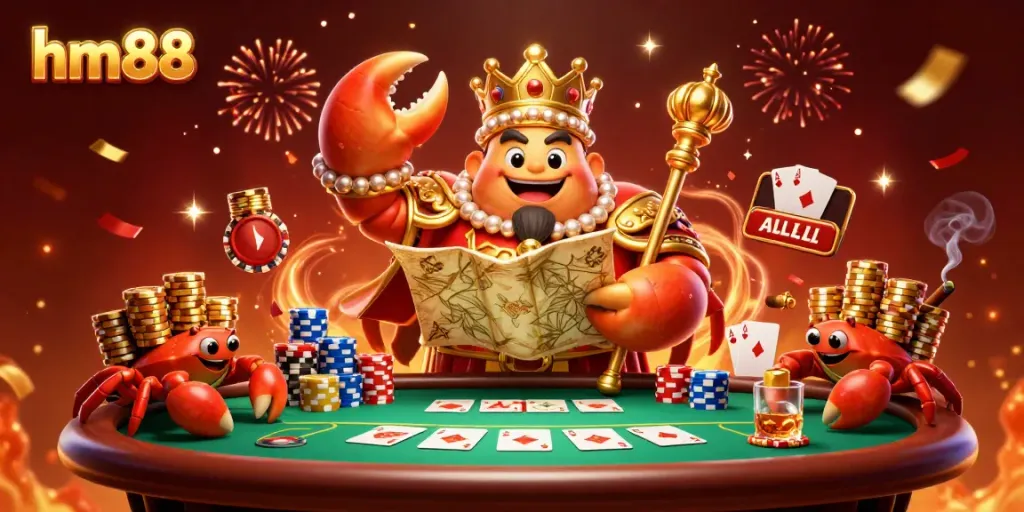 Engage with exciting poker games at hm88, featuring lavish settings with a majestic crab emperor.