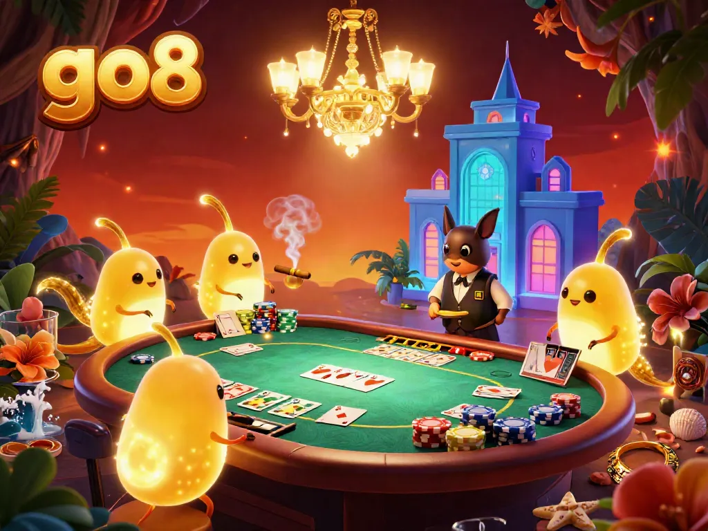 Experience thrilling poker action at go8 with colorful chips, vibrant characters, and dynamic gameplay.