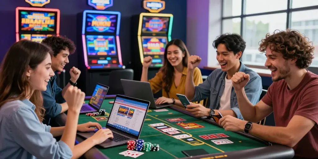 Excited friends enjoying gaming at casinos that accept credit cards in a vibrant online setting.