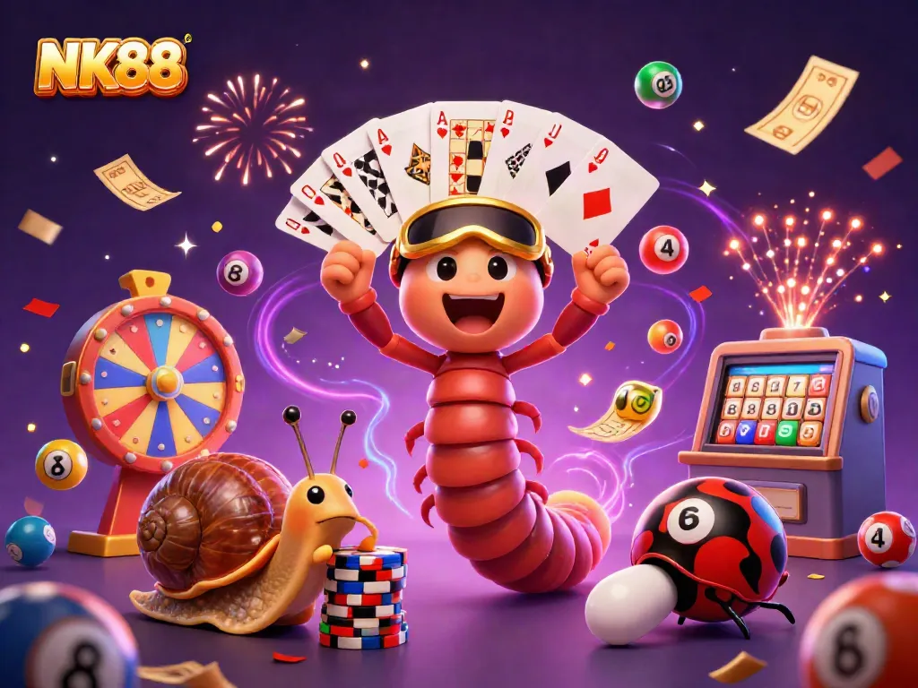 Experience NK88's dynamic casino world with exciting colorful lottery elements and animated characters.