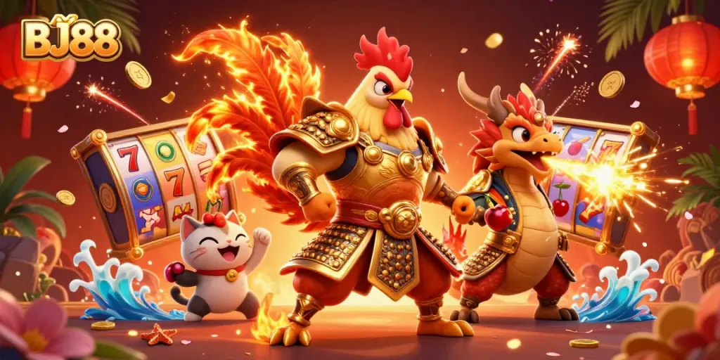 BJ88 offers an engaging casino experience with vibrant characters and dynamic gaming elements in a captivating scene.