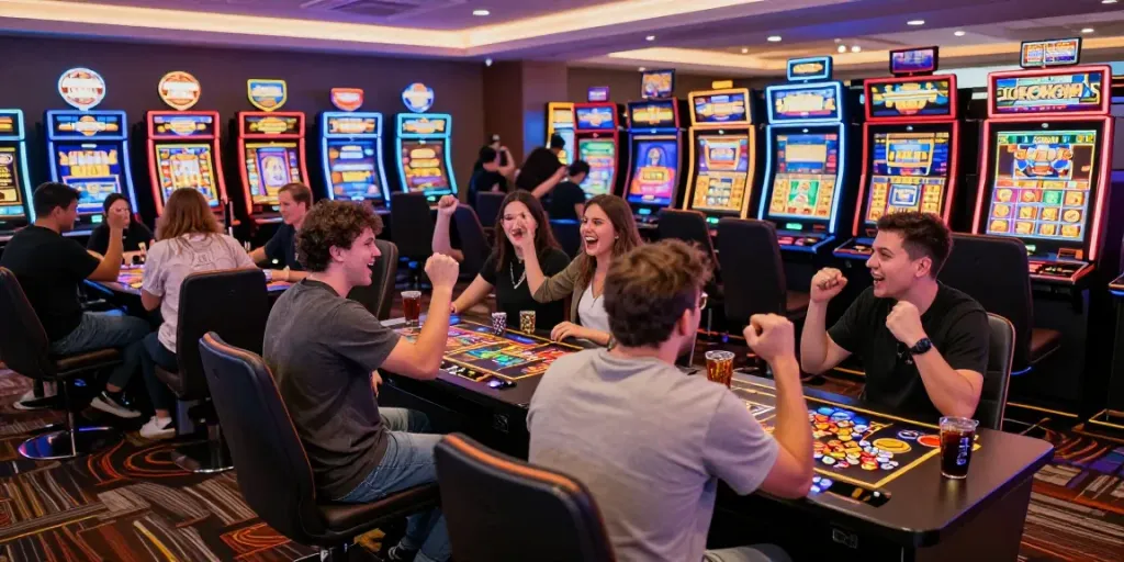 Exciting scene of players engaging with rokok88 slot machines in a lively casino atmosphere.