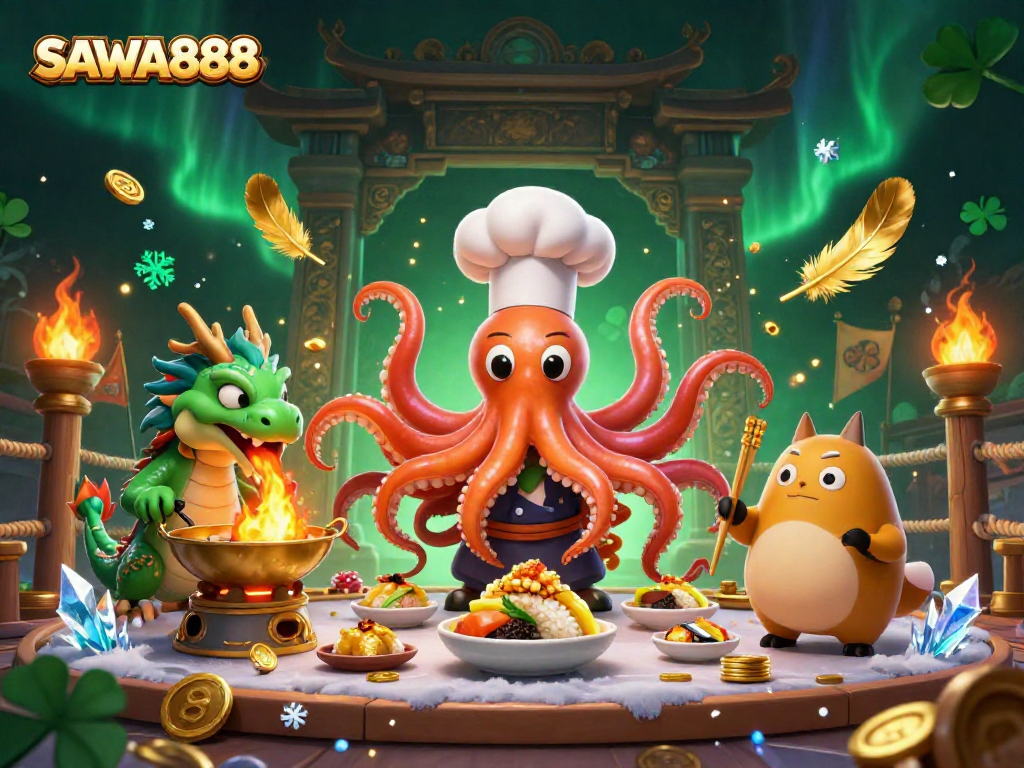 Experience thrilling slots at SAWA888 with golden dishes and vibrant casino elements.