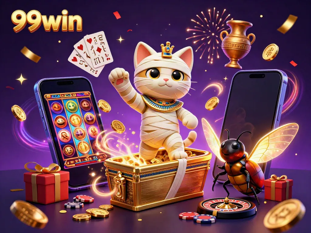 Engage with thrilling slots at 99win, featuring a glowing Egyptian mummy cat and vibrant casino elements.