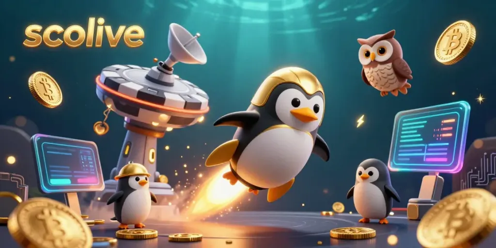 Socolive penguin rockets toward a casino space station amidst glowing coins and crypto elements.