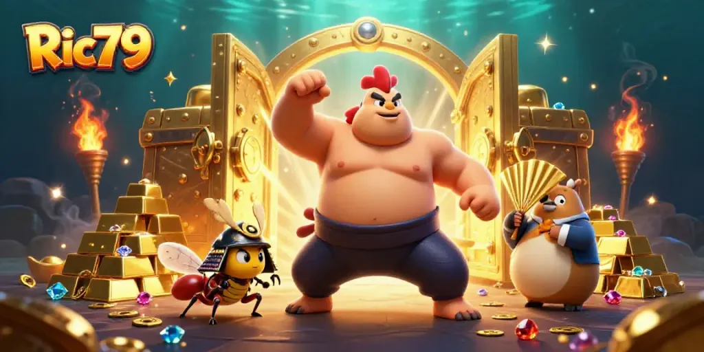 Ric79 showcases an epic clash in this 3D scene between a powerful sumo rooster and a brave cricket amidst piles of gold.
