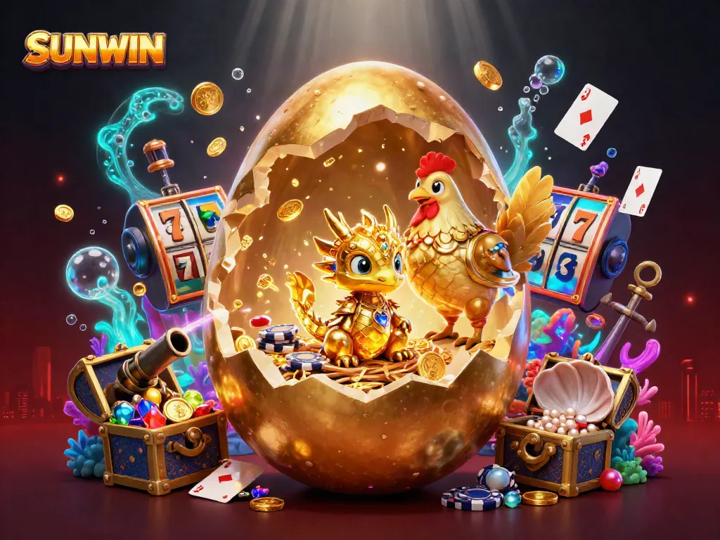 Experience SUNWIN's thrilling gameplay with a golden dragon and poker chips surrounded by vibrant casino elements.