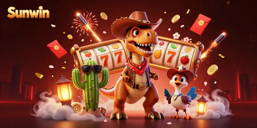 Win big with Sunwin's exciting slot games showcased in a vibrant 3D scene.