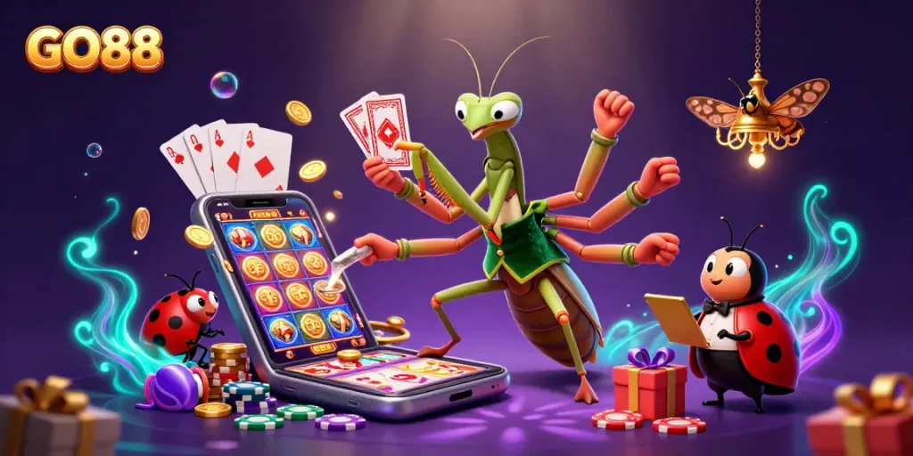 Engage with GO88's exciting games showcased in a vibrant casino scene filled with cards, chips, and dazzling elements.