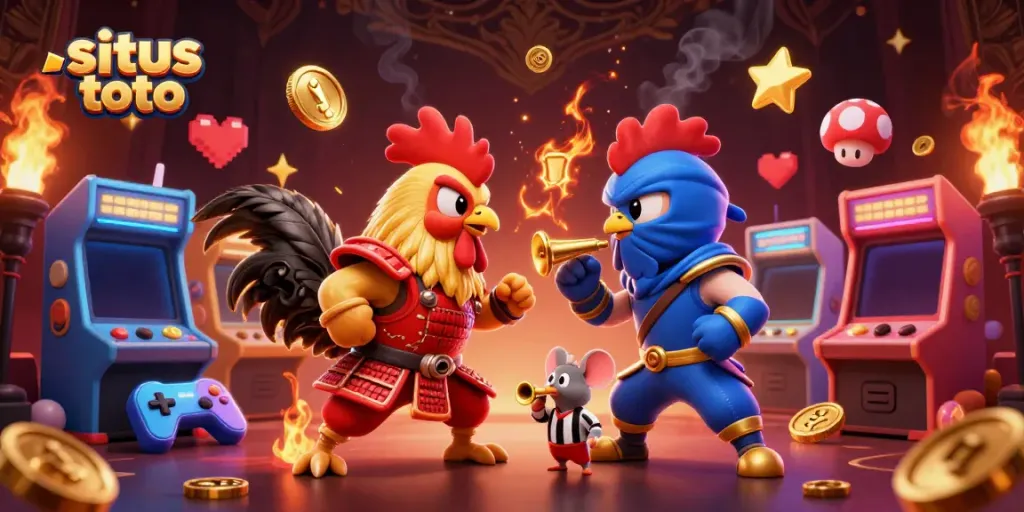 Engage with situs toto in a thrilling showdown of cartoon fighting roosters amidst a vibrant arcade atmosphere
