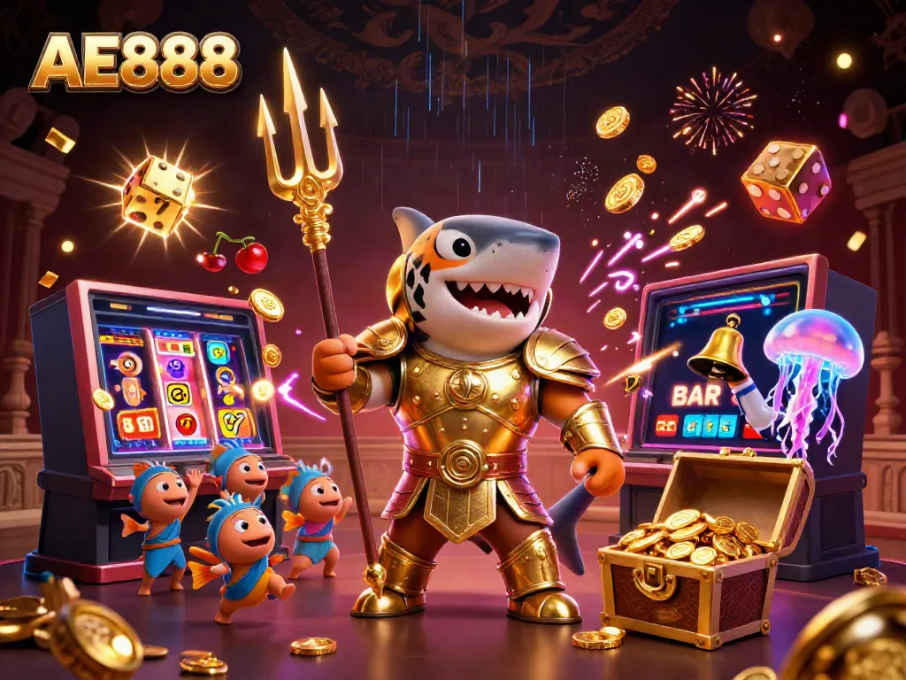 Engage with AE888's thrilling underwater casino adventure featuring a golden shark and vibrant game elements.