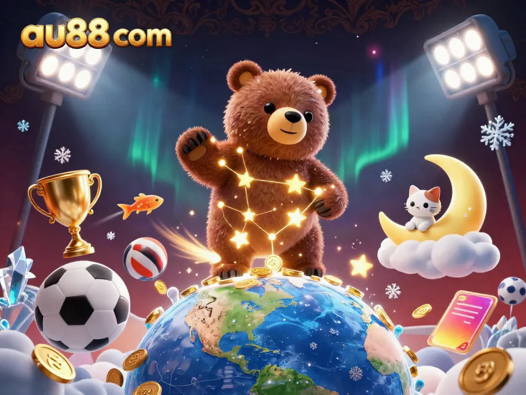 Engage in exciting gaming at au88 com with stunning visuals of a constellation bear collecting coins amid dynamic sports elements.