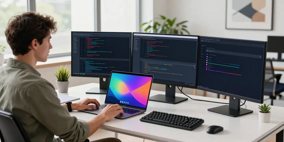Web developer optimizing instant indexing in a modern workspace with multiple screens and natural light.