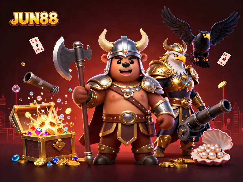 Experience the thrill of gambling with JUN88, featuring vibrant 3D characters amid casino elements.