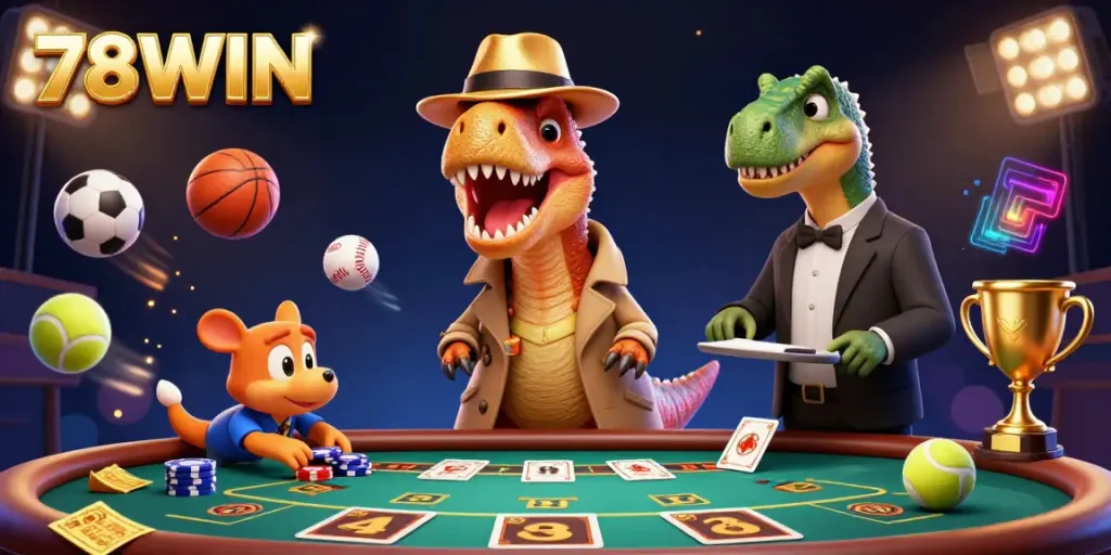 Catch thrilling action at 78WIN with a velociraptor at the blackjack table amidst vibrant casino elements.