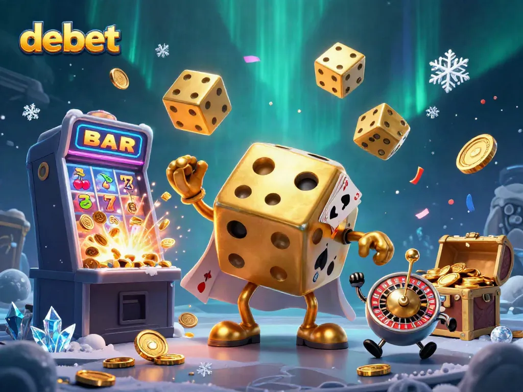 Play exciting games with debet, featuring a vibrant scene of golden dice, slot machines, and a roulette ball.