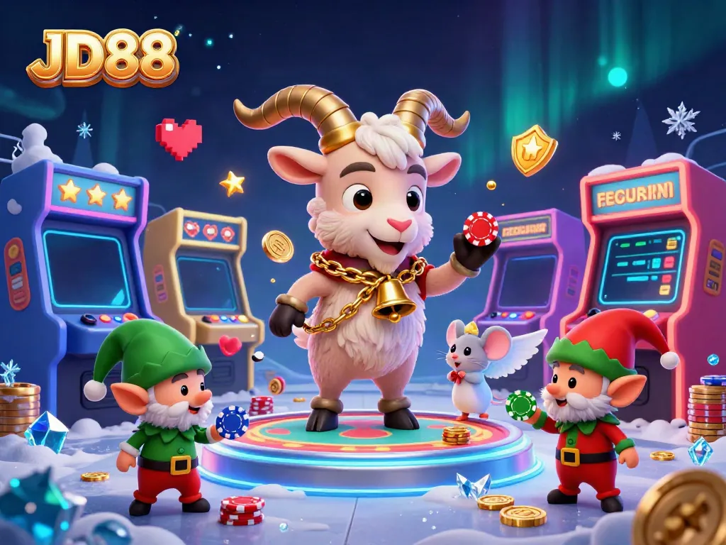 Experience the excitement of JD88 with a thrilling casino scene featuring a 3D cartoon Krampus goat and playful gremlins.