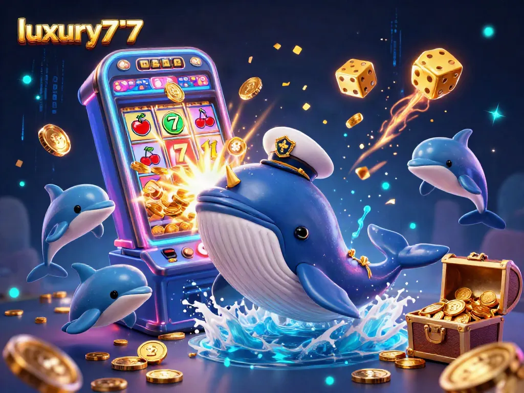 Lively scene showcasing luxury777 with a cartoon whale, narwhal, and dolphins celebrating jackpot wins.