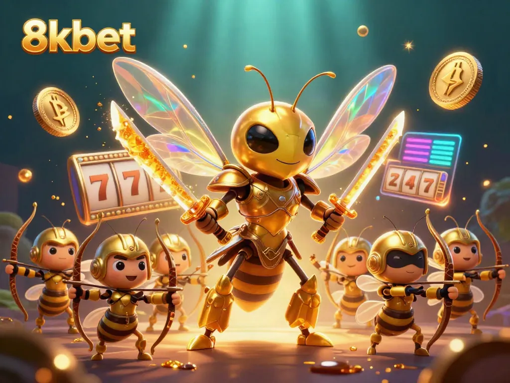 Engage with the excitement of 8kbet, featuring a golden hornet samurai and dynamic casino elements.