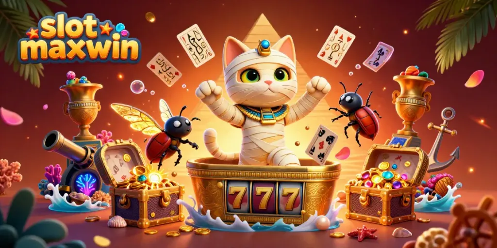 Engage with the vibrant slot maxwin scene featuring a mummy cat and gold treasures in a pyramid casino.