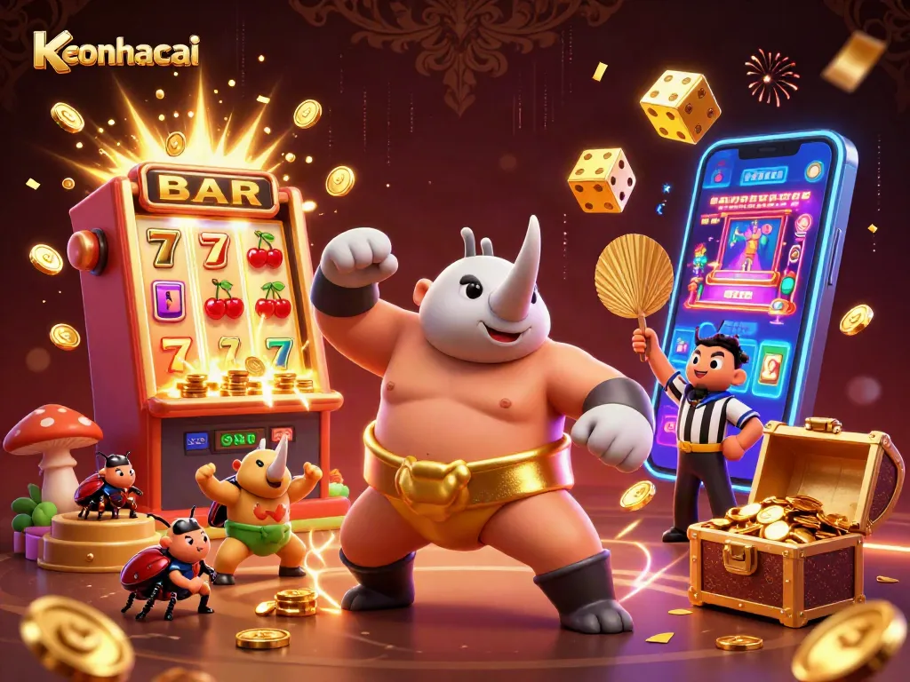 Witness the keonhacai slot fiesta with a sumo beetle champion amid gold coins and vibrant gaming action.