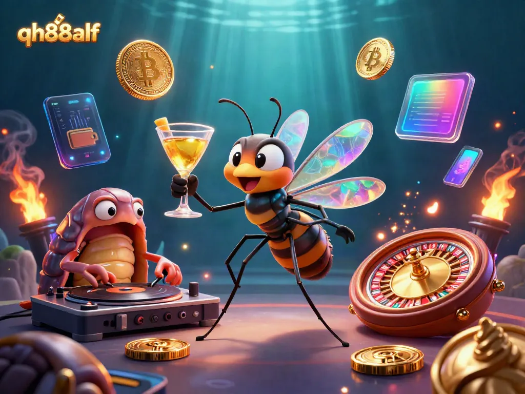Engage in thrilling gameplay with qh88alf as the vibrant casino mascot amidst Bitcoin and Ethereum coins.