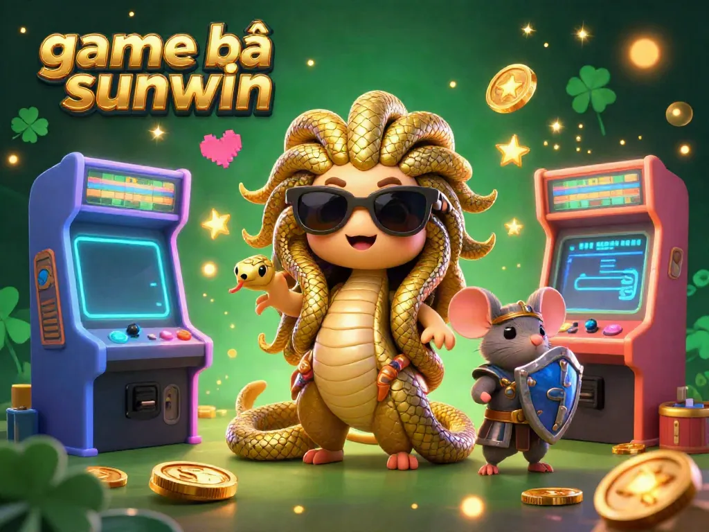 Engage with game bài sunwin through a vibrant 3D illustration featuring Medusa and a warrior mouse amidst dynamic gaming elements.