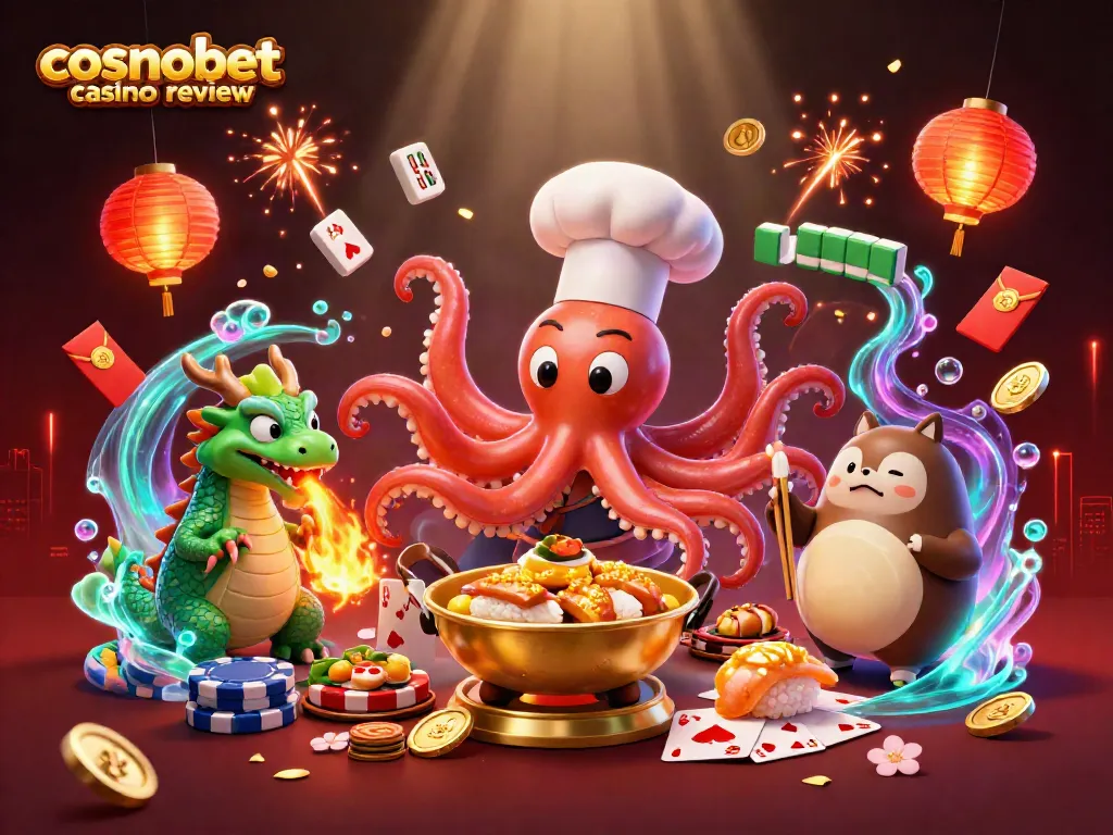 Experience the thrill of cosmobet casino review with vibrant scenes of gameplay, sushi chef octopus, and lucky elements.