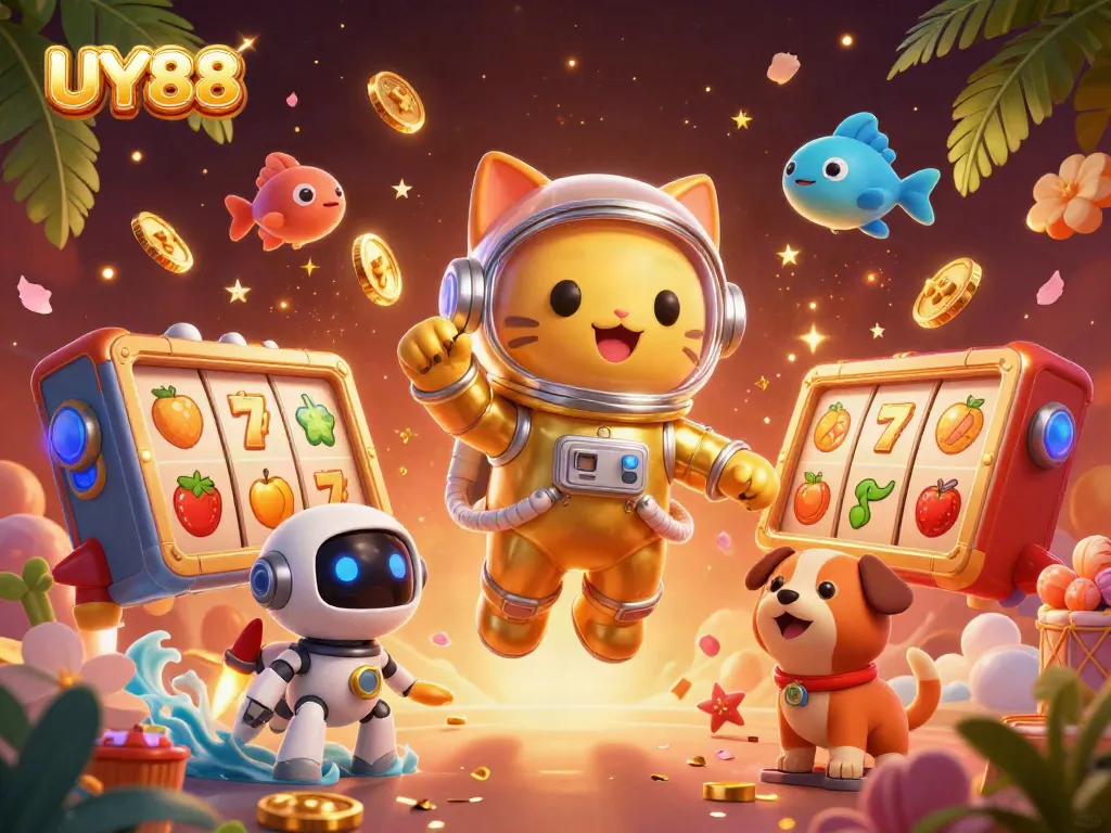 Engage with UY88's vibrant slot gaming world in a dynamic, colorful illustration.