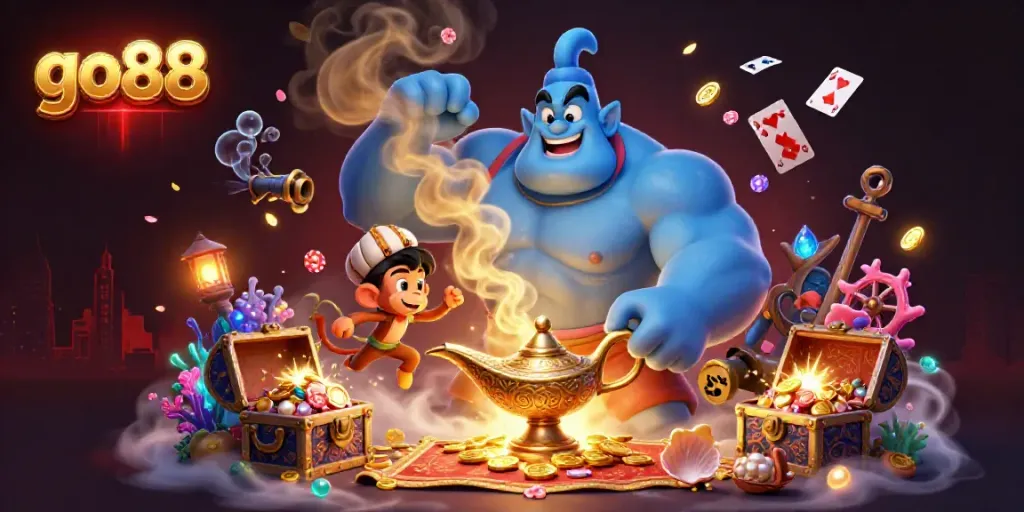 Experience thrilling gameplay at go88 with a genie and poker chips in a vibrant casino scene.