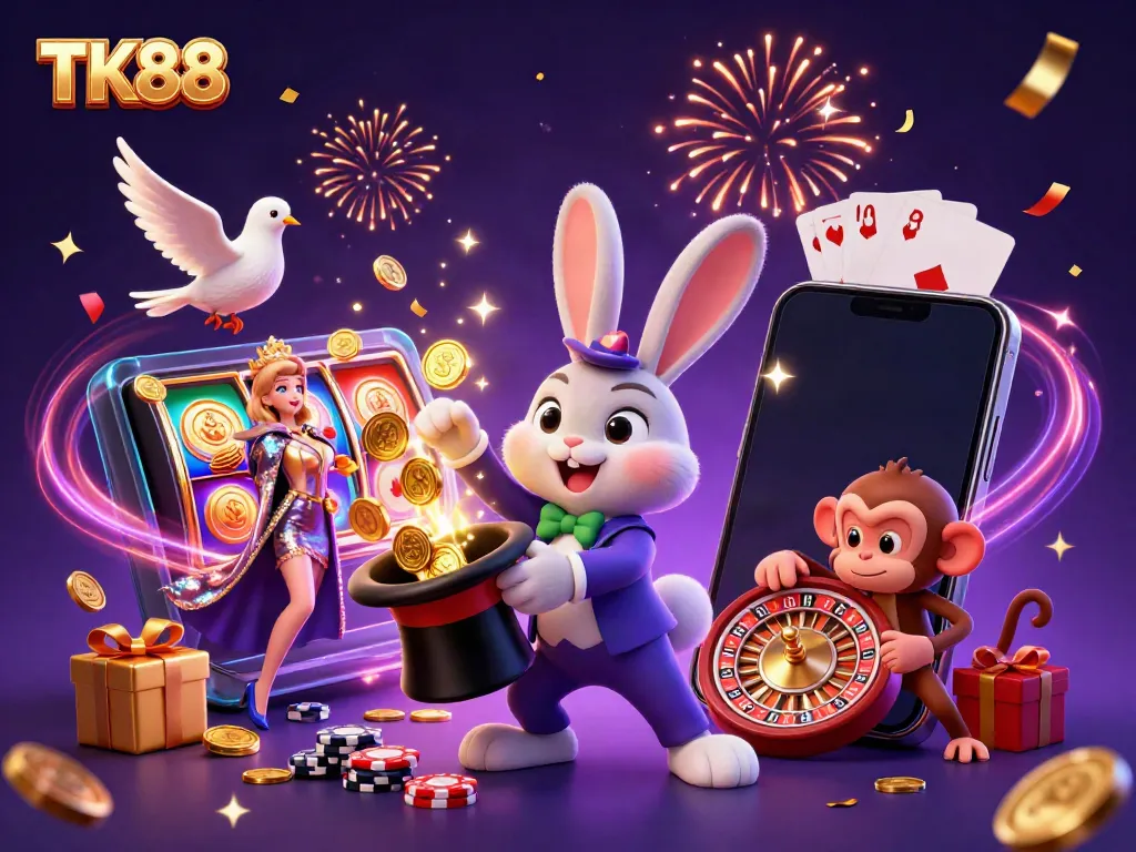 Engaging TK88 illustration with a magician rabbit, dove, and monkey amidst casino games and vibrant colors.