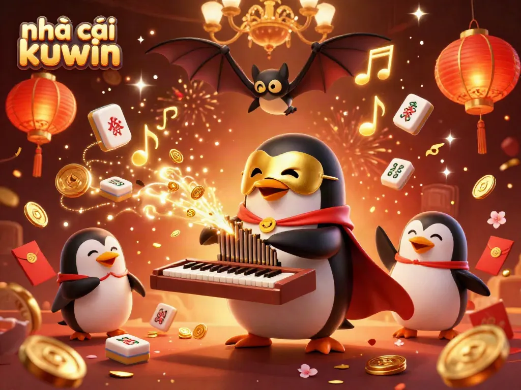 Engage with the vibrant action of nhà cái kuwin, featuring a penguin playing an organ that shoots coins, animated with exciting casino elements.